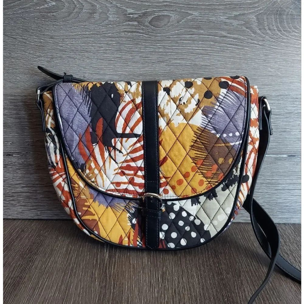 Vera Bradley Painted Feathers Slim Saddle Bag Navy Yellow Orange
